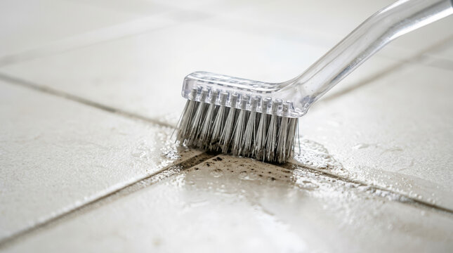 Grout brush scrubbing dirty tile line on the floor. Close up of cleaning grime and dirt from tile joints. Bathroom or kitchen deep cleaning concept