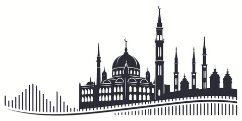 Silhouette illustration of a grand mosque with minarets and central dome crescent architecture religion building silhouette landmark monochrome © Mamun