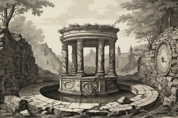 Naklejka premium Ancient well drawing illustrated painting.
