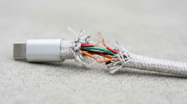 Frayed charging cable wire on concrete. Damaged white braided USB-C power cord with exposed copper strands. Electrical hazard concept
