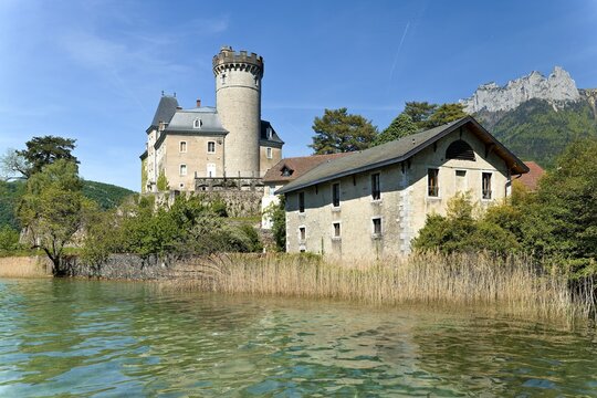 View of Chateau Duingt and Lake Annecy. Haute Savoie province. France. Europe.