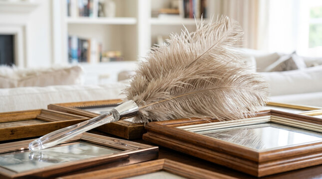 Ostrich feather duster lying on wooden picture frames. Close up of cleaning tools in a modern living room. Housekeeping and home decor concept
