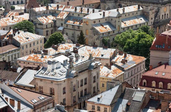 Aerial View Of Historic Lviv City Center Architecture