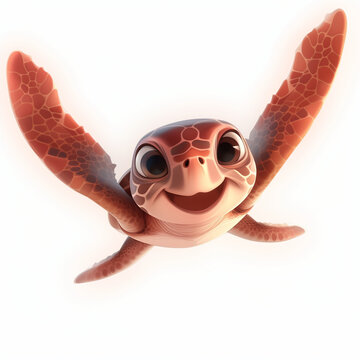 Happy red turtle flying on white