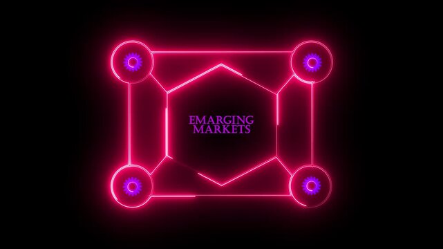 sees the inscription: Emerging markets ,new business concept ,tee icon attached around the map features the concept of network and technology confirmed. the map is rotating ,specify all icons.