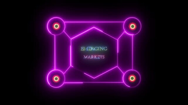 sees the inscription: Emerging markets ,new business concept ,tee icon attached around the map features the concept of network and technology confirmed. the map is rotating ,specify all icons.