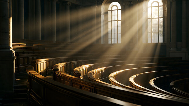 Historic Chamber: Dramatic sunbeams illuminate the grand interior of a historic legislative chamber, casting a divine glow on the empty tiered seating.