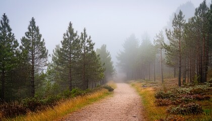 Fototapeta premium Misty Morning Fog Covering A Quiet Pine Forest Walking Trail