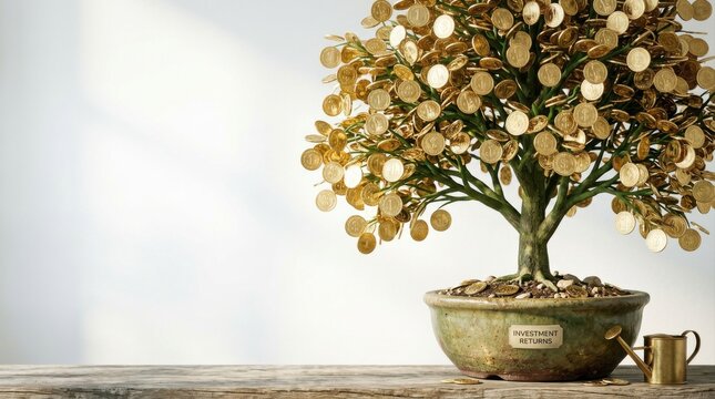 Investment returns gold dollar coins bonsai tree financial success sustainable economy organic growth wealth growth profit economy gold watering can ceramic pot money tree savings retirement fund