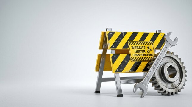 Steel gear maintenance page under construction road barrier chrome wrench warning barricade site update website under construction tool gear webpage building construction sign