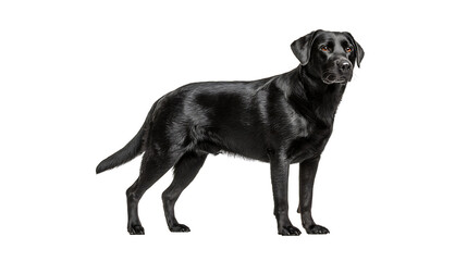 Naklejka premium A side view of a black labrador retriever dog standing against a solid black background, showing its sleek dark coat and alert posture
