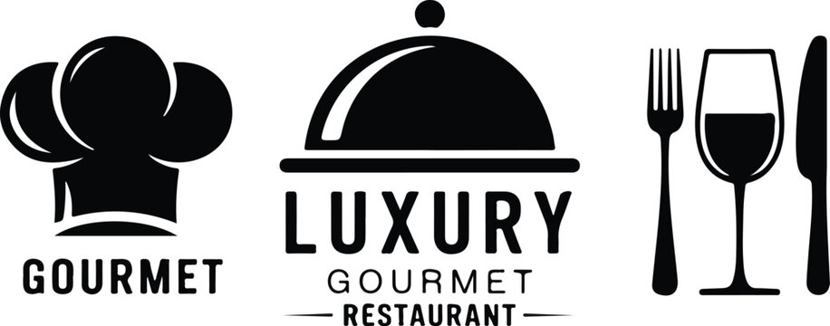 Luxury gourmet restaurant emblem set with chef hat serving tray wine glass and vintage crest