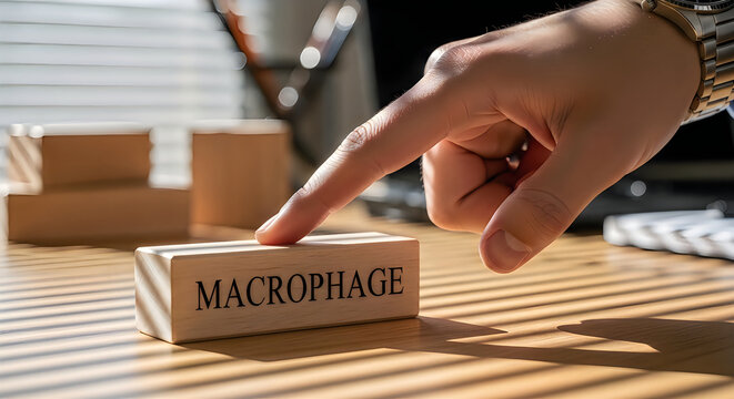 Closeup of a hand touching a wooden block with the word macrophage
