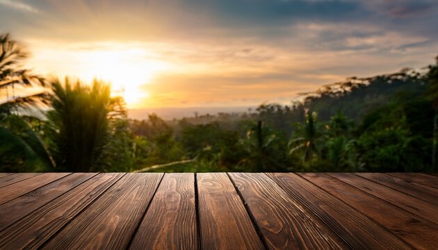 Dark Teak Wooden Table With Balinese Jungle Sunset Bokeh