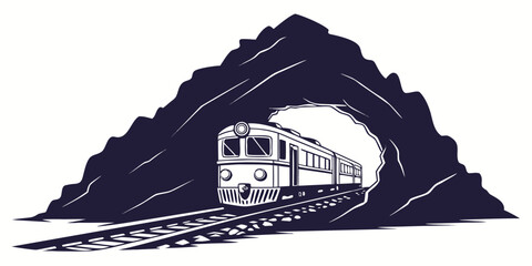 Train emerging from a mountain tunnel illustration with mountain railroad transportation locomotive landscape adventure transport destination © Mamun