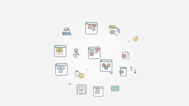 Social Media Marketing and Digital Communication Concept with Flat Line Icons Set in Circular Composition for Web Design and Business Presentation