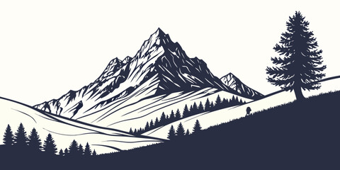 Stylized mountain landscape graphic with coniferous forest silhouette mountain landscape silhouette outdoors adventure illustration wilderness © Mamun