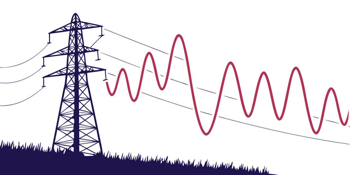 High voltage electrical transmission tower with red sinusoidal wave energy signal electricity transmission illustration electric infrastructure