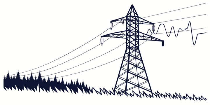 High voltage power transmission tower standing in forest landscape with signal wave electricity transmission illustration electric infrastructure