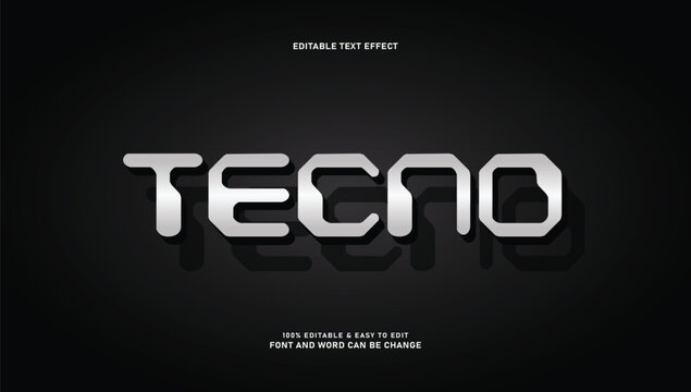 Tecno editable text effect vector, futuristic silver metallic 3d font style on black background