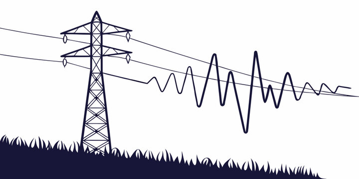 Electrical pylon with fluctuating power transmission waves electricity transmission electric infrastructure industrial illustration minimalist
