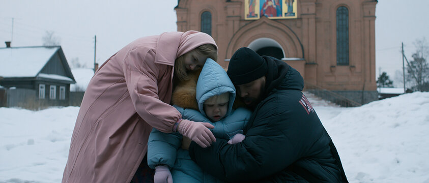 A family huddles together in a warm embrace in front of a church, surrounded by a snowy landscape. The gentle touch and shared comfort convey a sense of love and belonging amidst the cold