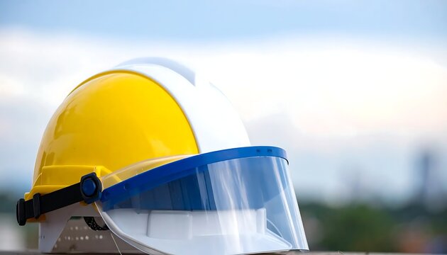 Yellow Safety Helmet with Clear Face Shield Resting Outdoors Under Blue Sky