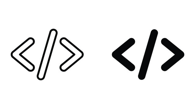 Programming code tag icons featuring brackets and slash in clean outline and solid black variations