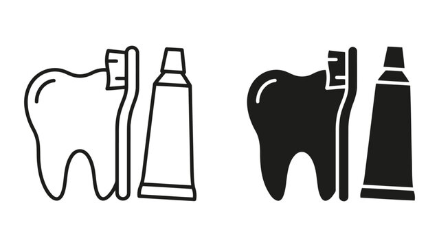 Dental health care icon set with tooth and toothpaste tube symbols in both minimal line art and solid black glyph variations for medical clinics dentistry branding and oral hygiene educational apps