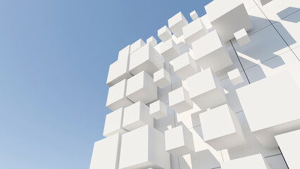 Abstract 3D render of white geometric cubes on a building facade against a clear blue sky. Minimalist modern architecture concept background © ilham