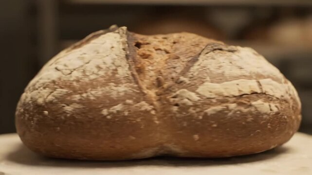 Close-up Shot of Freshly Baked Rustic Sourdough Bread Loaf Dusted with Flour, Showing Golden Brown Crust and Natural Cracks in a Bakery Setting.