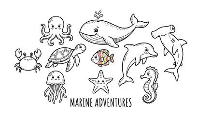 Marine Animals Doodle Set Vector Collection of Ocean Creature Sketches © Nobab