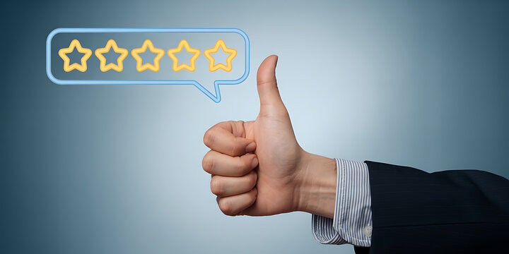 Businessman giving a thumbs up gesture with a five-star rating in a speech bubble above