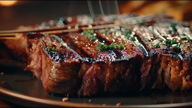 Cinematic macro of a juicy grilled beef steak with rising steam and fine dining presentation