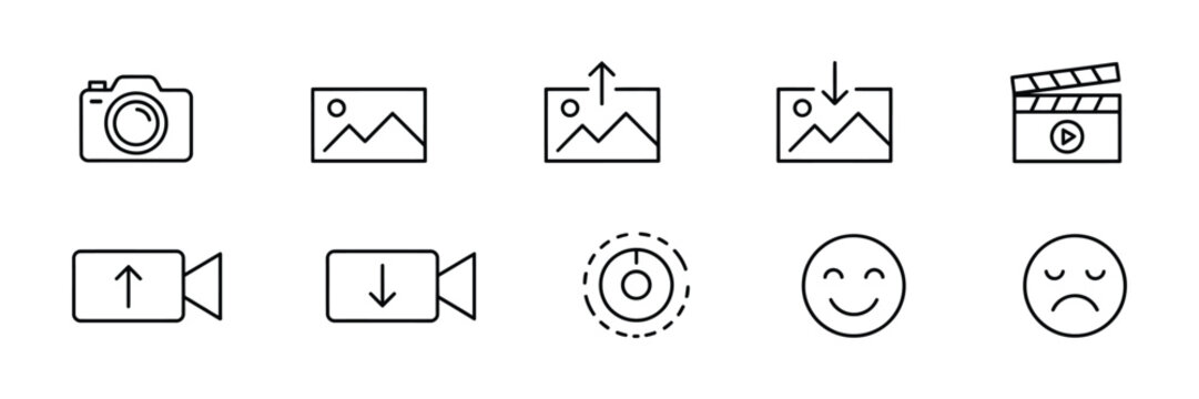 Modern media interface icons, camera photo gallery video upload download emoji outline vector set