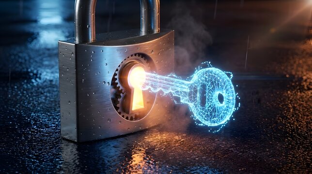 Cyber security and data protection concept with glowing digital hologram key unlocking a physical padlock on dark wet ground
