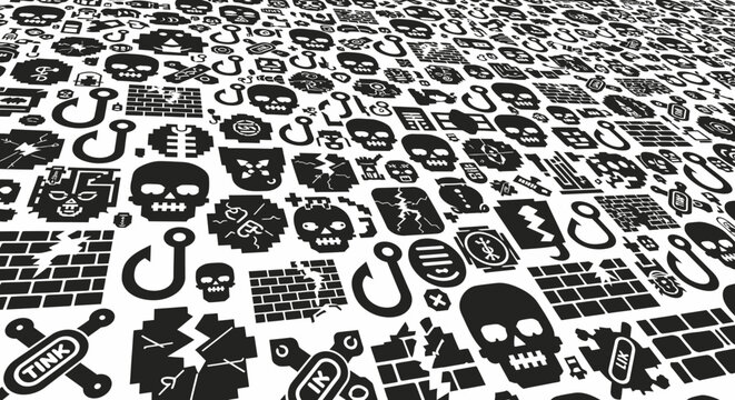 An abstract, high-angle perspective of a black and white pattern composed of various digital threat icons, symbolizing cybersecurity risks and malware.