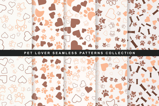 Pet lover seamless patterns collection with paw prints, hearts and bones