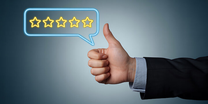 Businessman giving a thumbs up gesture with a five-star rating in a speech bubble above
