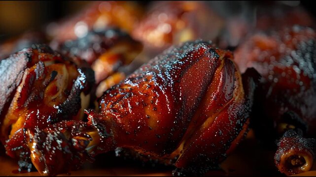 Cinematic macro of glazed bbq chicken drumsticks with rising steam and glistening skin