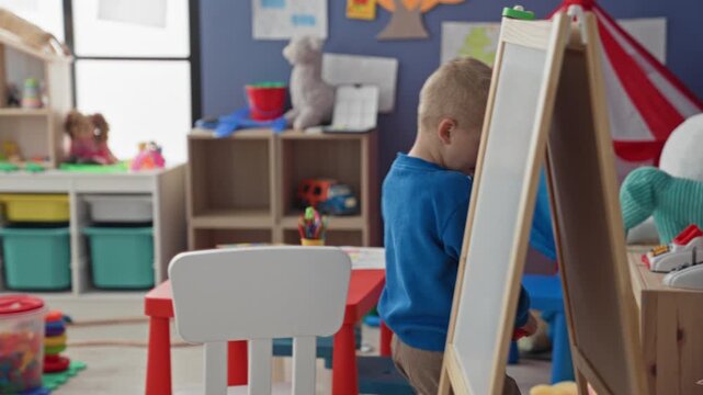 Boy crouches and reaches with hand for a pink toy beside a wooden easel in a children's playroom inside a building; curiosity.
