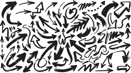 Fototapeta premium A chaotic composition of black arrows of different styles and sizes pointing in various directions on a pure white background, creating a dynamic visual effect.