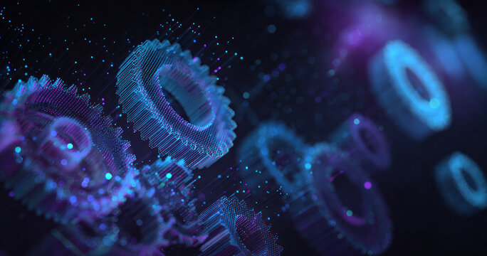 Futuristic abstract digital artwork featuring glowing wireframe gears and circular elements in blue and purple hues, set against a dark particle-filled background.