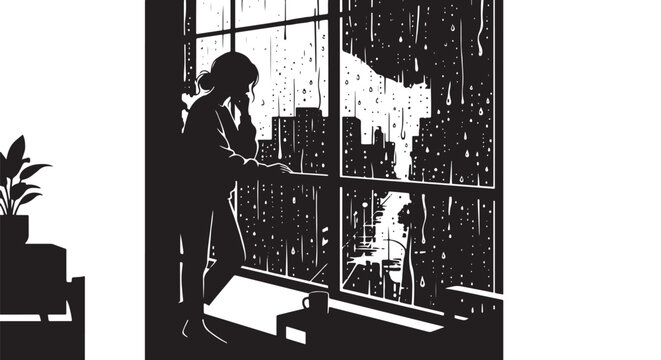 Rainy season silhouette of a woman standing near a window with raindrops, thoughtful pose, modern minimalist style, black and white premium vector