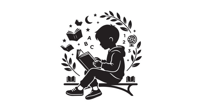 ilhouette of a child reading with educational elements black and white vector illustration monochrome learning education literacy knowledge