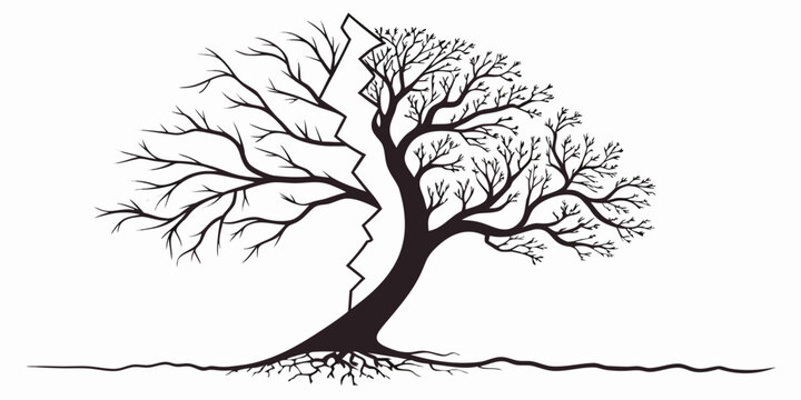 Conceptual split tree graphic illustrating duality with one side bare and one side full of leaves divided by a zigzag crack line contrast comparison