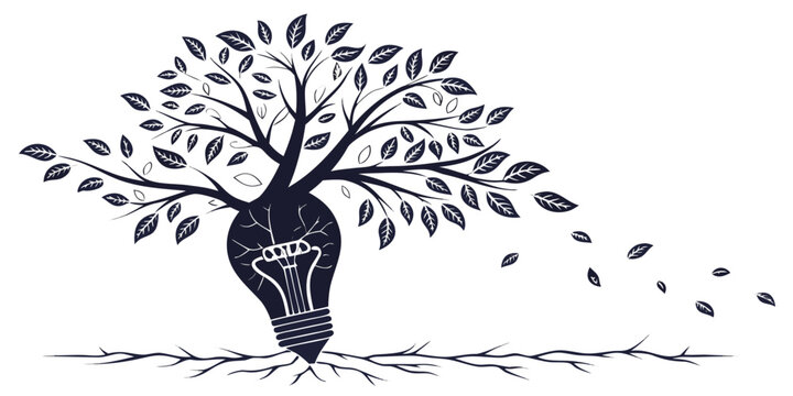Creative conceptual design of a lightbulb tree losing leaves representing fading ideas or environmental impact with lightbulb innovation environment