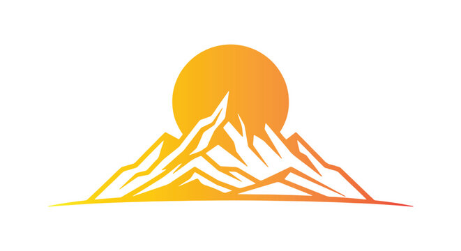 Stylized black mountain peak with sun circle and clean minimal lines, isolated on white background, premium landscape vector