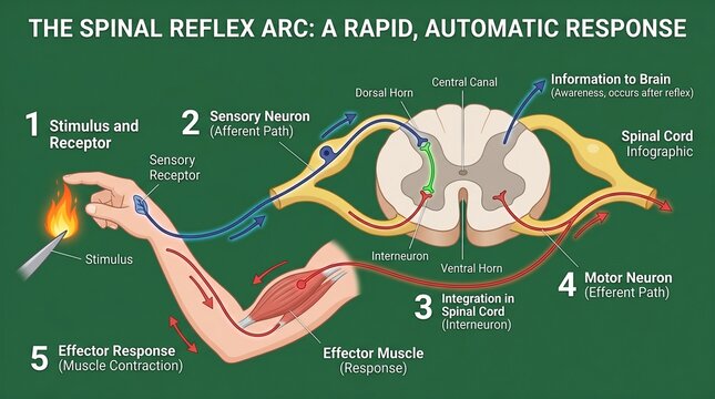 Spinal Reflex Arc Diagram Medical Illustration on Solid Green Background