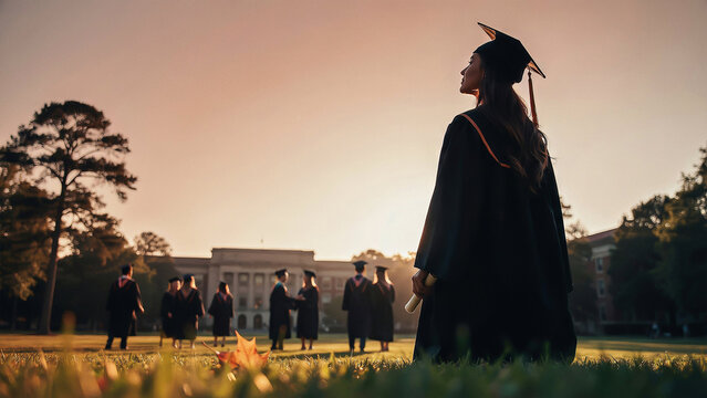 A golden-hour graduation photograph on a university quad, with a young female graduate in silhouette